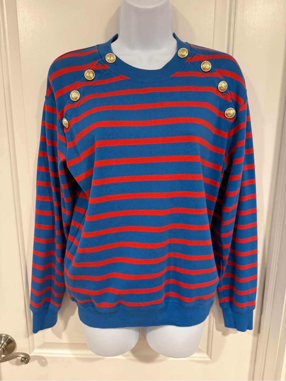 10 Crosby Derek Lam Blue and Red Striped Crewneck Sweater with Gold Buttons